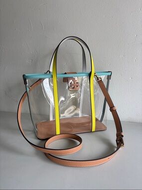 Tory Burch Blake Tote Clear with Yellow & Tan Leather Trim and Aqua Top